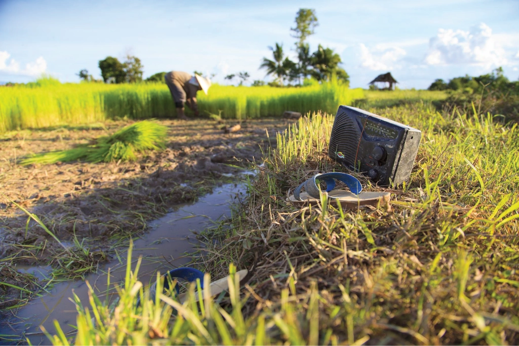 A rice farmer with a radio
