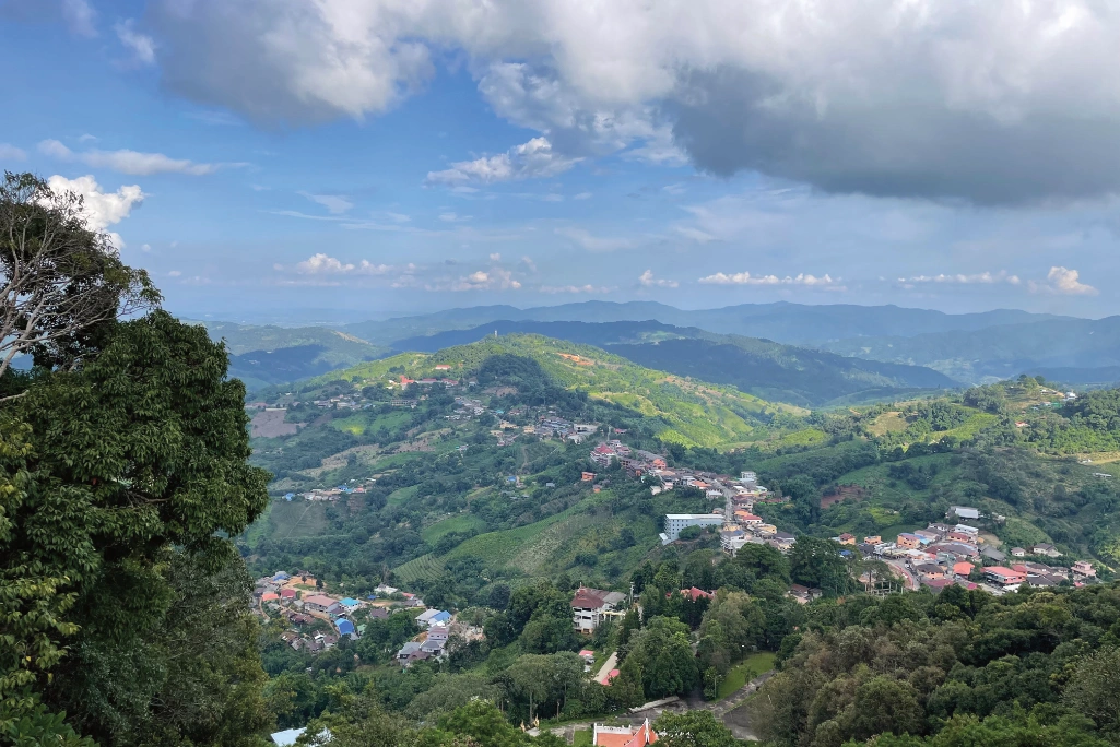 Mountains, town and farming land
