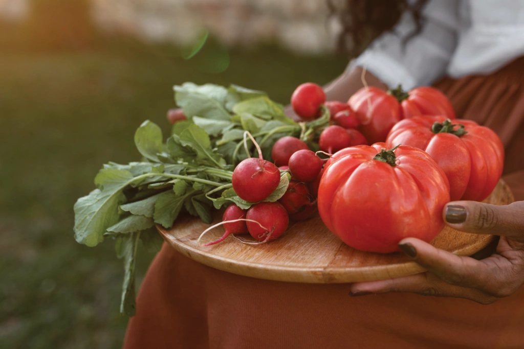 A woman holds fresh tomatoes and radishes