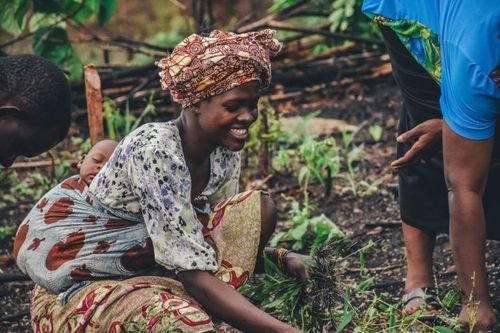 Woman works in vegetable patch with baby on her back