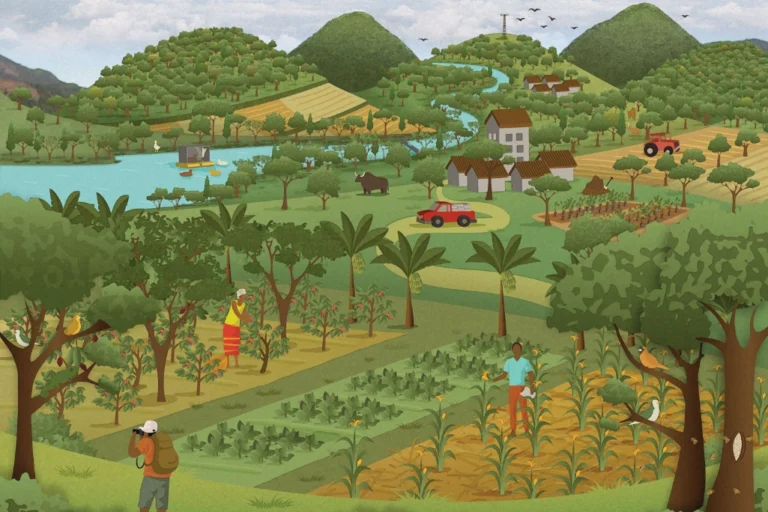 Illustration of biodiverse land usage including eco-tourism, farming, agriculture, forestry, fishing Illustration of biodiverse land usage including eco-tourism, farming, agriculture, forestry, fishing