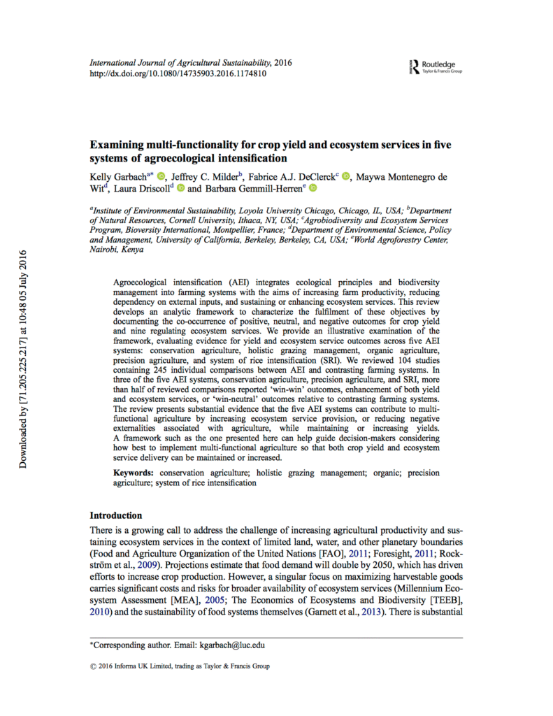 Examining multi-functionality for crop yield and ecosystem services in five systems of agroecological intensification