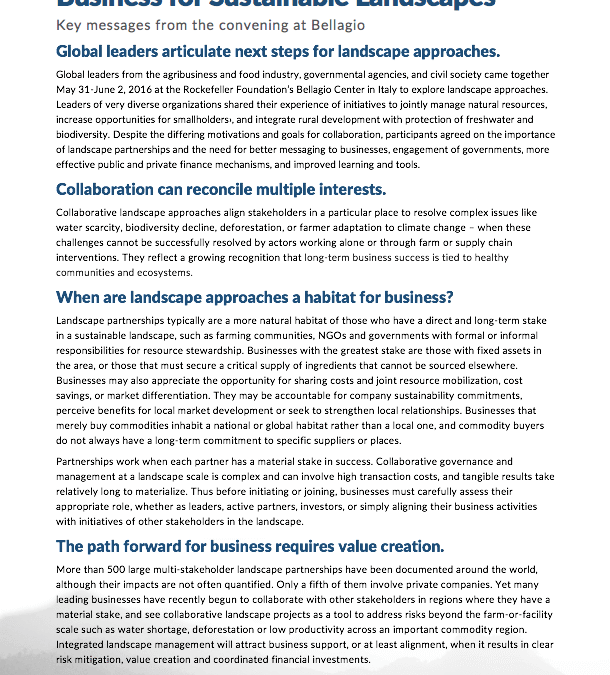 Key messages from the Business for Sustainable Landscapes collaboration convening at the Bellagio