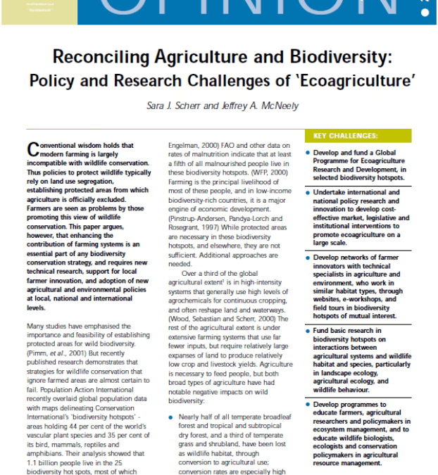 Reconciling Agriculture and Biodiversity: Policy and Research Challenges of ‘Ecoagriculture’